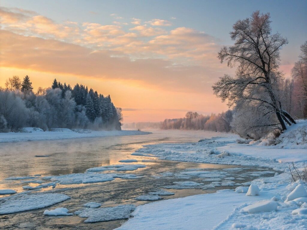 winter, morning, river, snow, ice, dawn, water, sky, nature, iceberg, landscape, cold, frost, tree, wood, texture, lake
