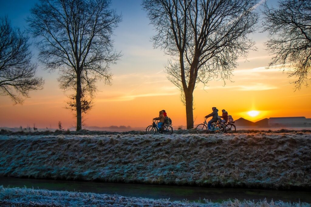 cycling, students, sunrise, nature, netherlands, landscape