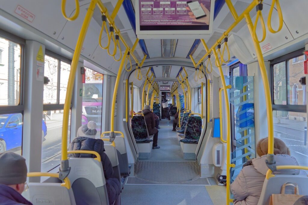 tramway, transport, public, people, sitting, chairs, windows, passengers, urban, street