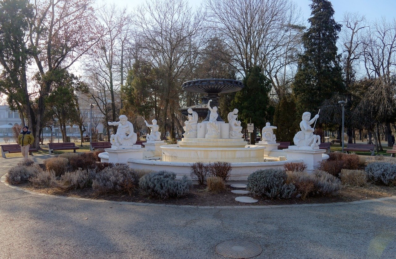 park, nature, fountain, sculptures, trees, urban, landscape