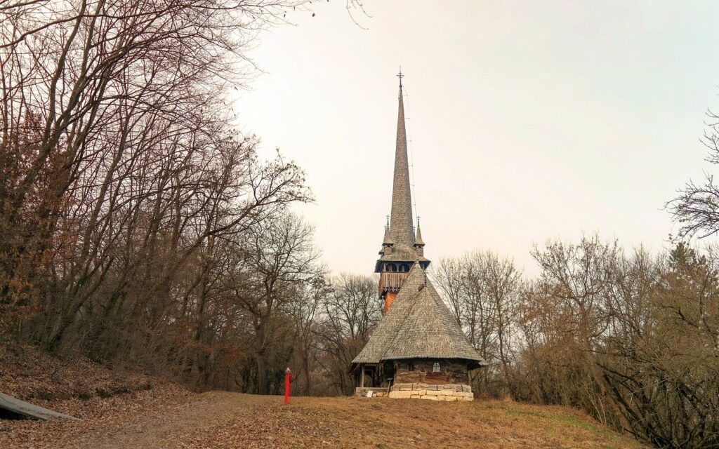 church, rustic, wooden, wood, slope, hill, trees, nature, cross, roof, sky, religion, bell tower, naturally, winter