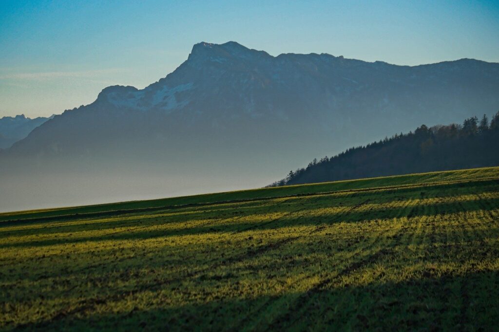 mountain, nature, field, fog, haze, landscape