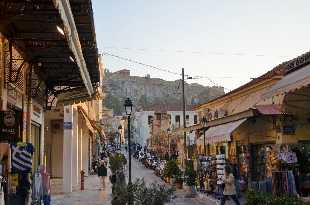 cityscape, athens, greece, street, old, vintage, people, shops, tourism, historical, motorcycle