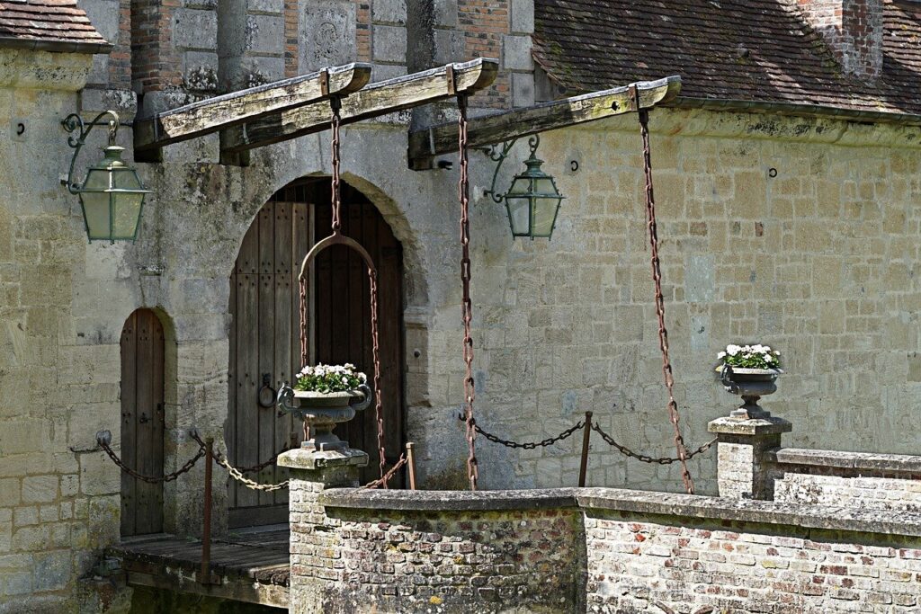 chateau, drawbridge, entry, building, door, chains, pierre