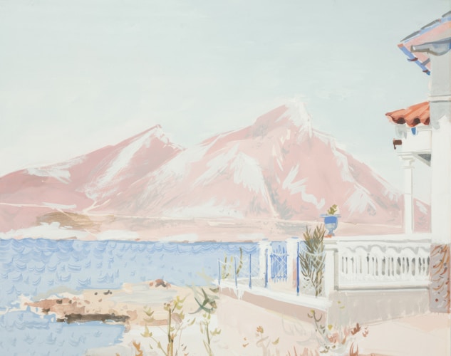 A painting of a house with a mountain in the background