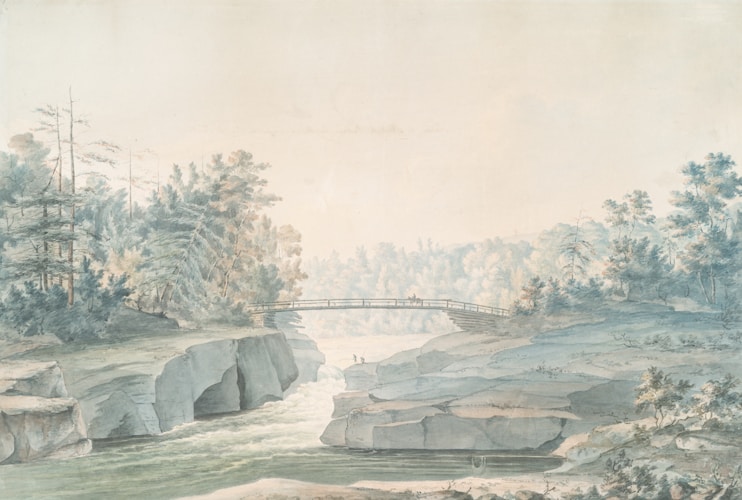 A painting of a bridge over a river