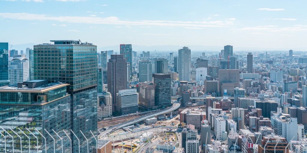 osaka, skyline, cityscape, architecture, skyscraper, horizon, tourism, outlook, panorama, city, metropolis, building, modern, perspective, japan
