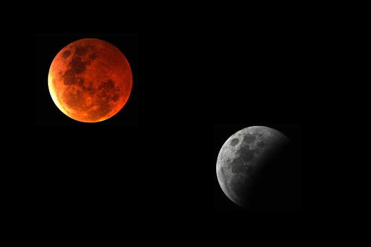 A red moon and a moon in partial eclipse.