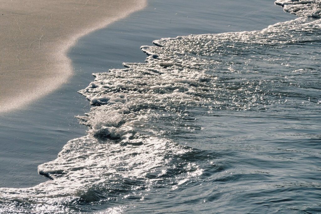 ocean, beach, baltic sea, water, waves, sand, shoreline, sunlight, coast, tide, seafoam, reflection, holiday, peaceful, nature, travel, seaside, sunny, ripple, calm