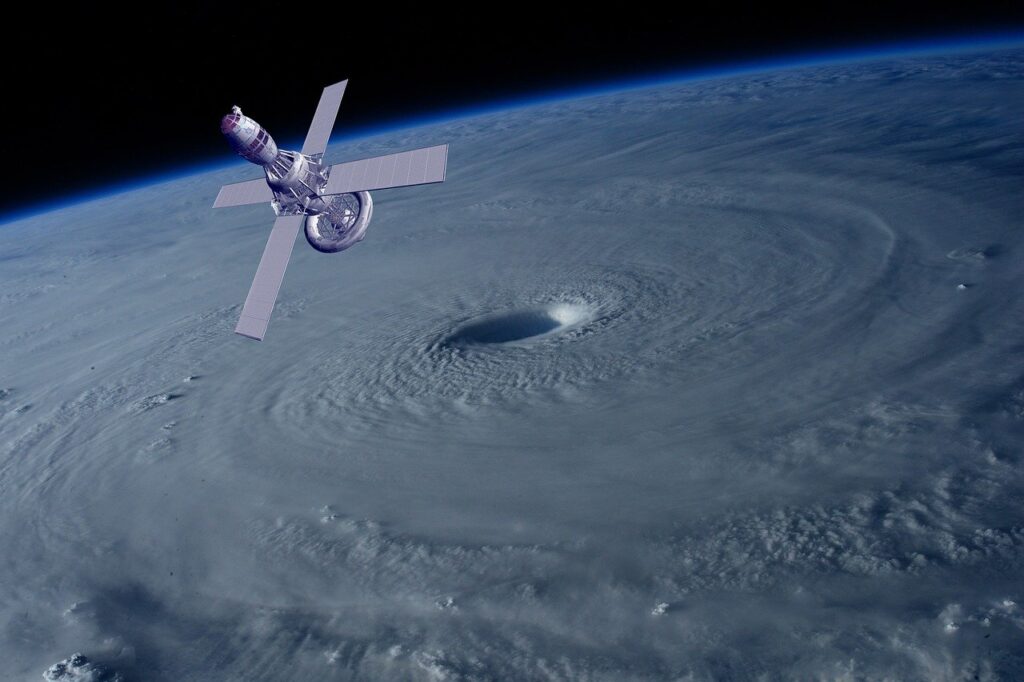 satellite, space, telecommunication, spaceship, science, sky, antenna, earth, clouds, view, gps, signal, hurricane, storm, cyclone, nature, danger