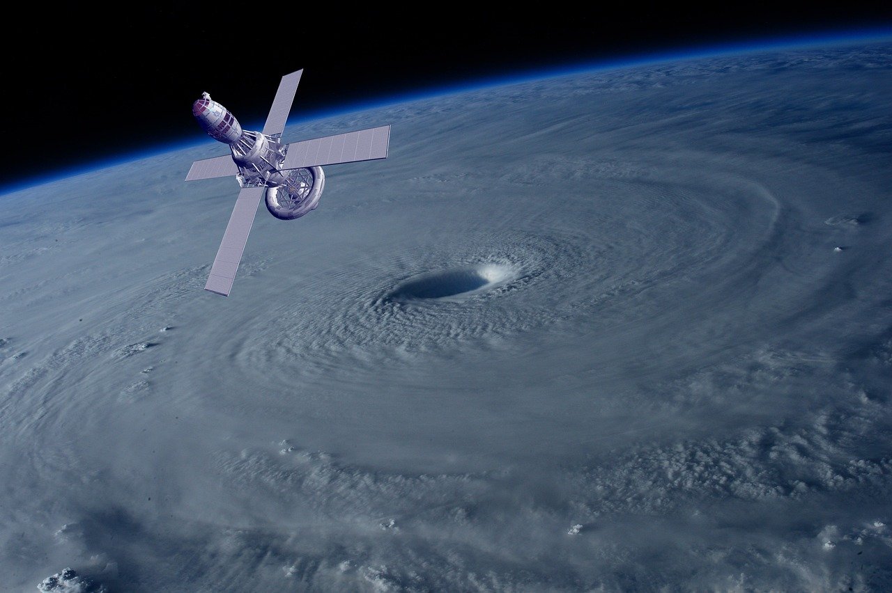 satellite, space, telecommunication, spaceship, science, sky, antenna, earth, clouds, view, gps, signal, hurricane, storm, cyclone, nature, danger