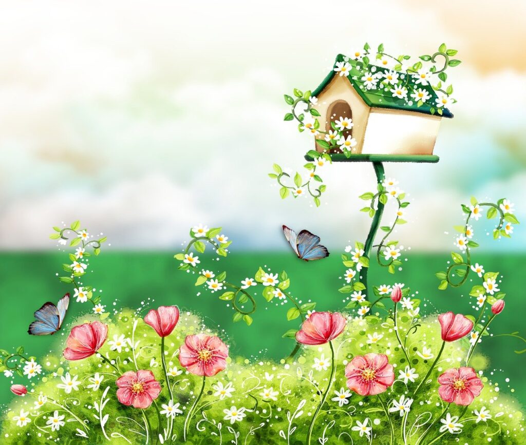 birdhouse, garden, wildlife, nature, decoration, flora, flowers, butterfly, insect, fauna, spring, summer, blossom, meadow, outdoors, wildflowers, petals, plant, butterflies, lepidoptera, copy space, greeting card