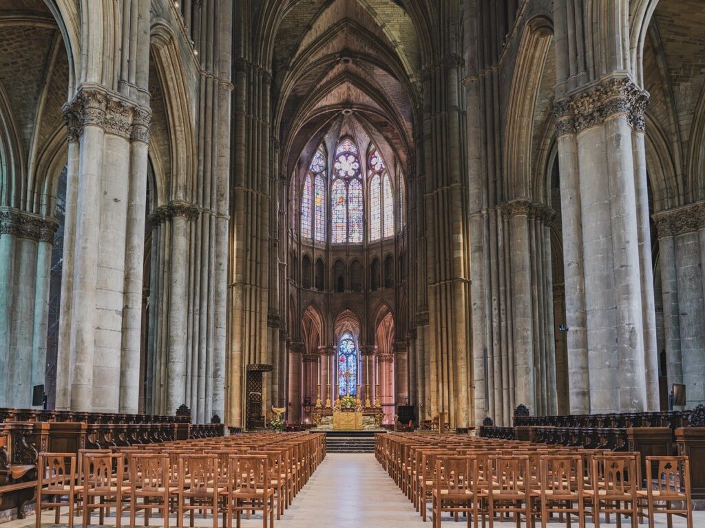 reims cathedral, church, church interior, nave, altar, columns, cathedral, dom, religion, stained glass window, reims, gothic, historical, architecture, france