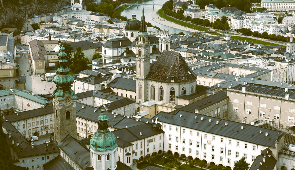salzburg, austria, architecture, panorama, cathedral, church, sun, center, historical, construction, city, facade, homes, historically, autumnal, landscape, tourism, river, buildings, view, urban, streets, water, nature