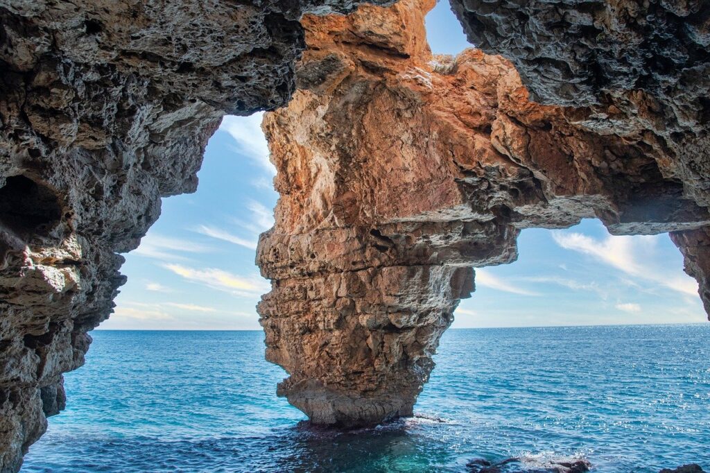 landscape, cave, sea, rocks, darling, clouds, marina, cala, beach, alicante, spain