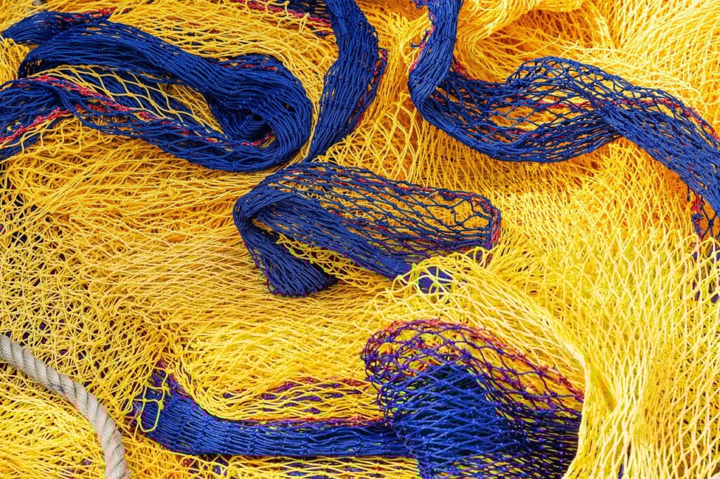 fishing nets, fishing, net, blue and yellow, yellow and blue, fishing boat, colourful, colorful