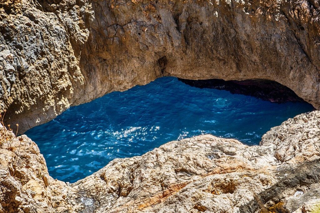 landscape, sea, blue, water, cave, rocks, marina, ocean