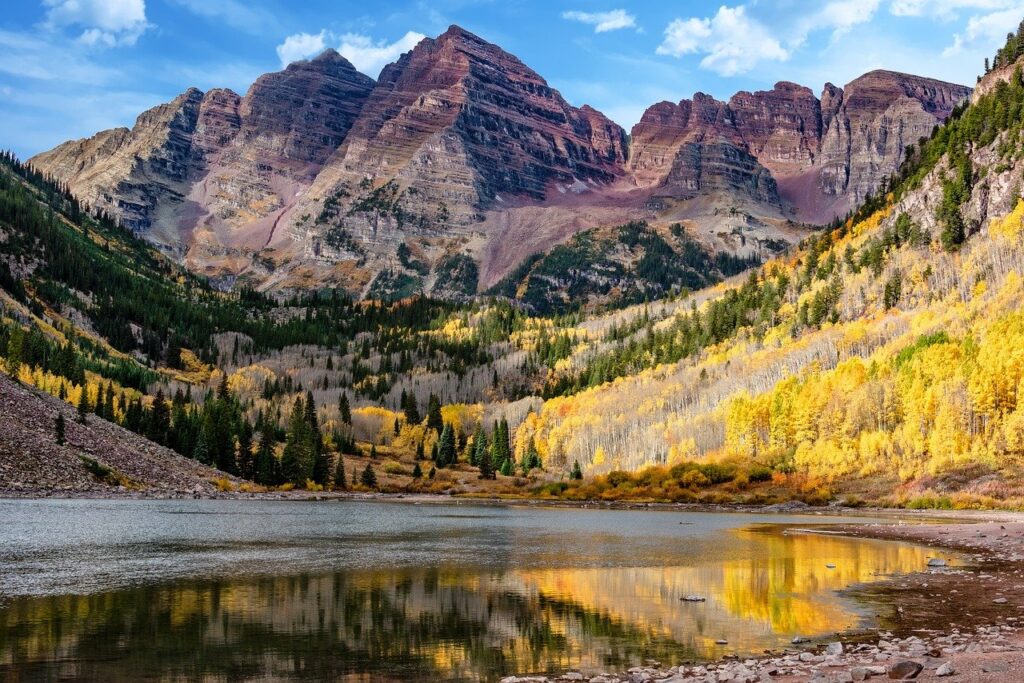 colorado, nature, maroon bells, aspens, fall, autumn, lake, water, telluride, mountains