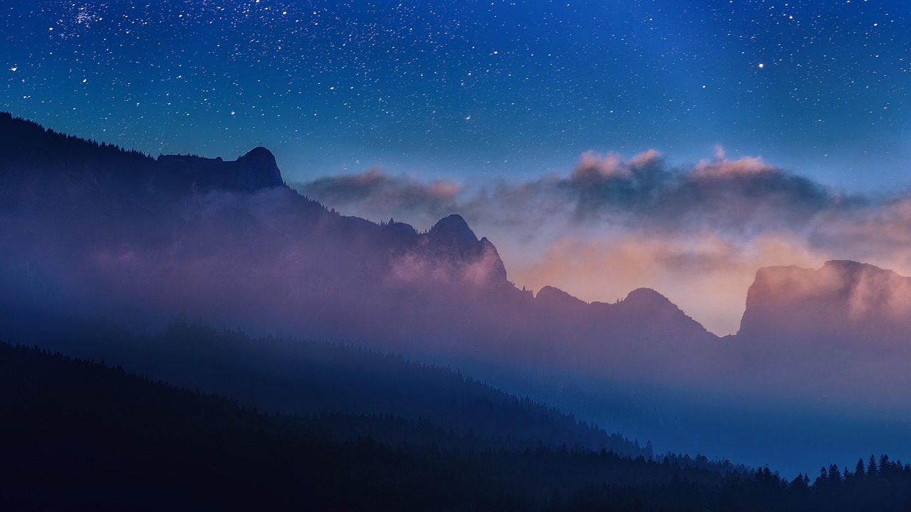 sunset, dusk, nature wallpaper, night, mountains, beautiful nature, clouds, landscape, scenery, misty, nature background, sky, cross, night sky, stars, mystical, nature, composition, hd wallpaper, twilight, magical, dream, desktop, desktop wallpaper