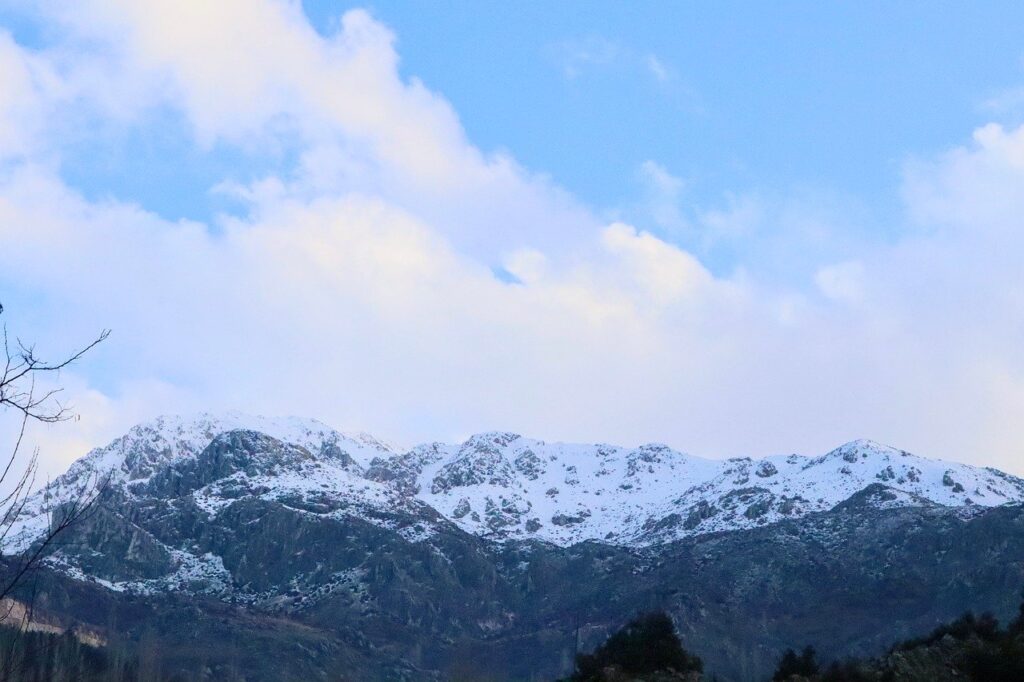 view, mountains, snow, winter, cold, clouds, sky