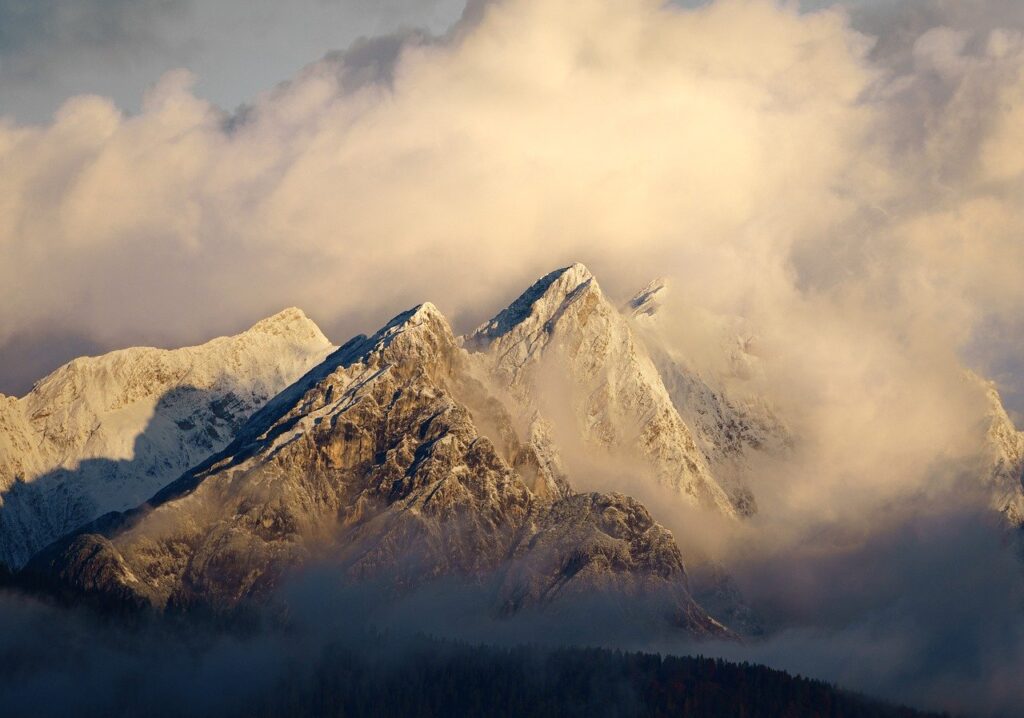 alps, tyrol, fog, clouds, dramatic, heaven, nature, sunrise