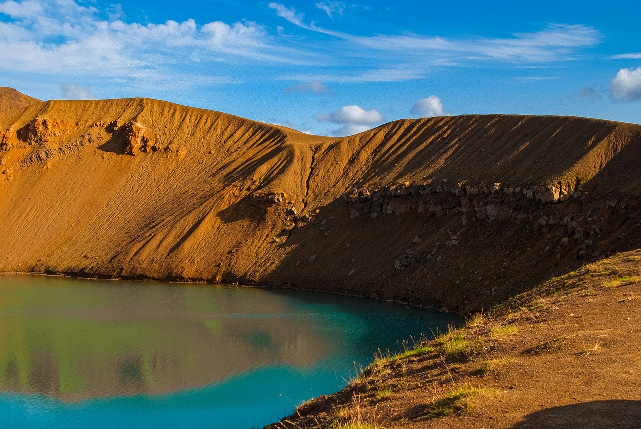 volcano, nature, landscape, water, reflection, iceland, crater, clouds, sky, mountain