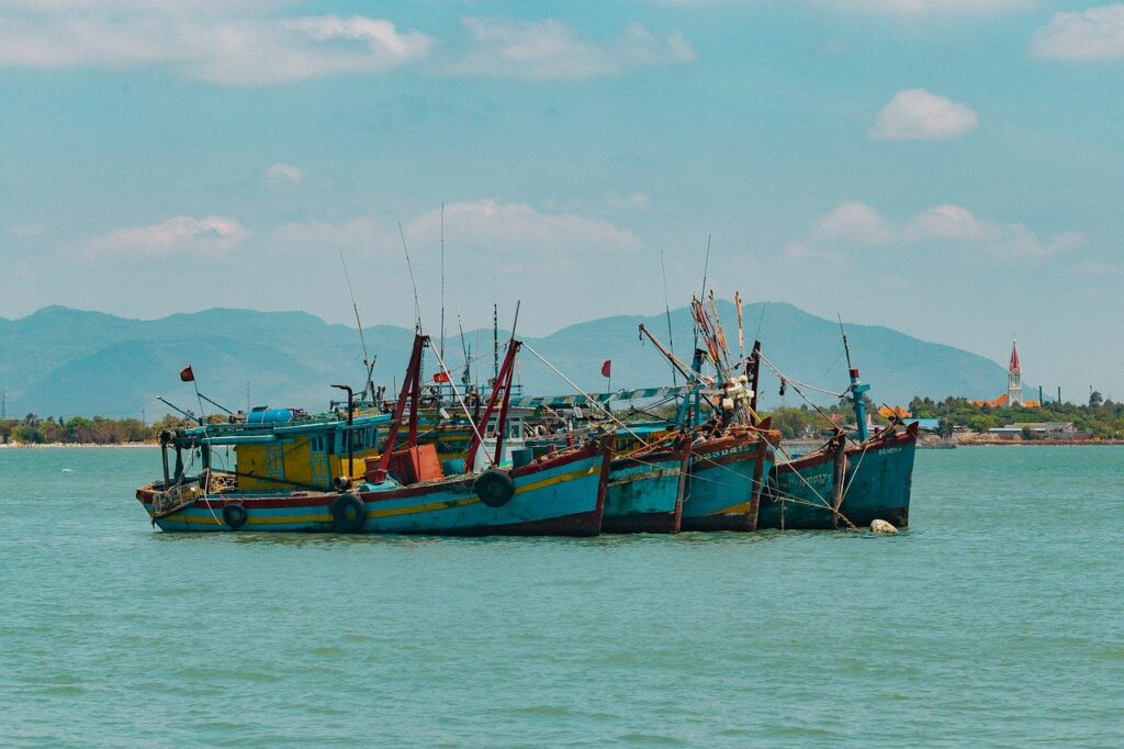 sea, ocean, nature, water, boat, mountains, landscape, blue sky, blue, sky, clouds, vietnam