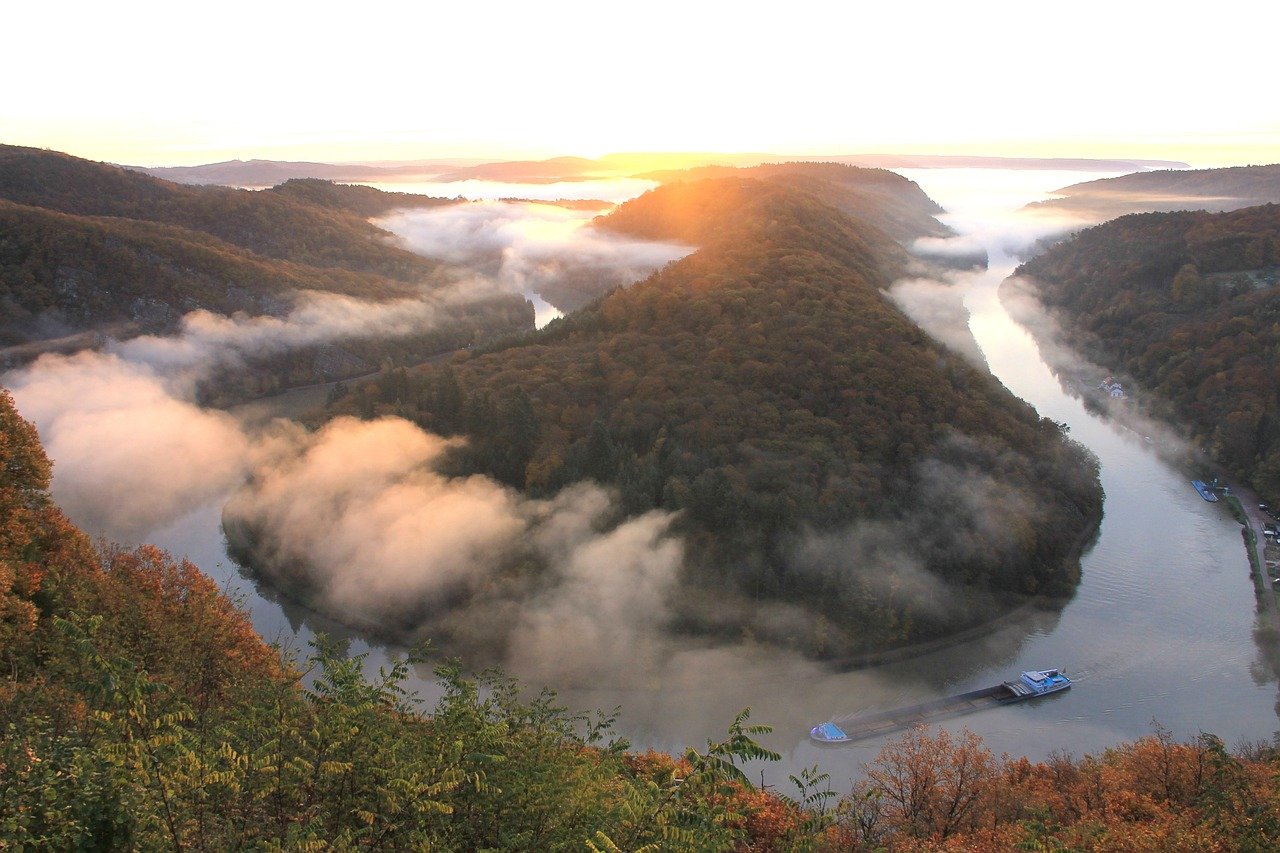 saar loop, river course, cloef, saarland, morning mist, autumn mood, landscape, fog