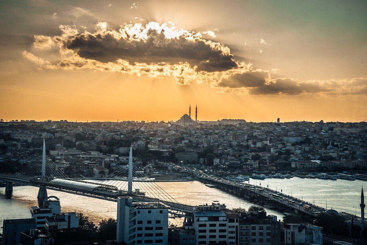 sunset, istanbul, turkey, sun rays, mosque silhouette, cityscape, skyline, golden horn, bridge, nature, urban landscape, travel, tourism, architecture, scenic view, evening light, bosphorus
