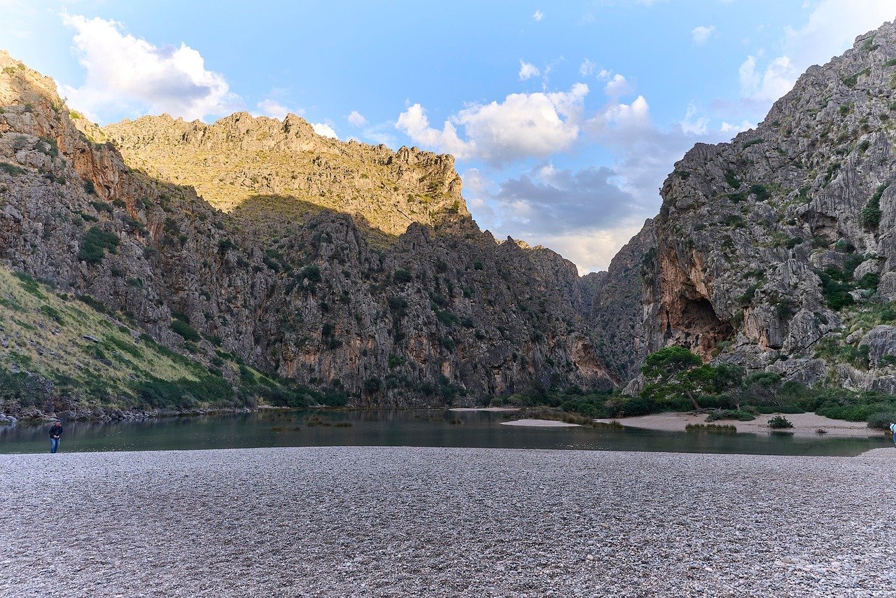 bay, nature, landscape, beach, mountains, clouds, rock, mallorca, spain