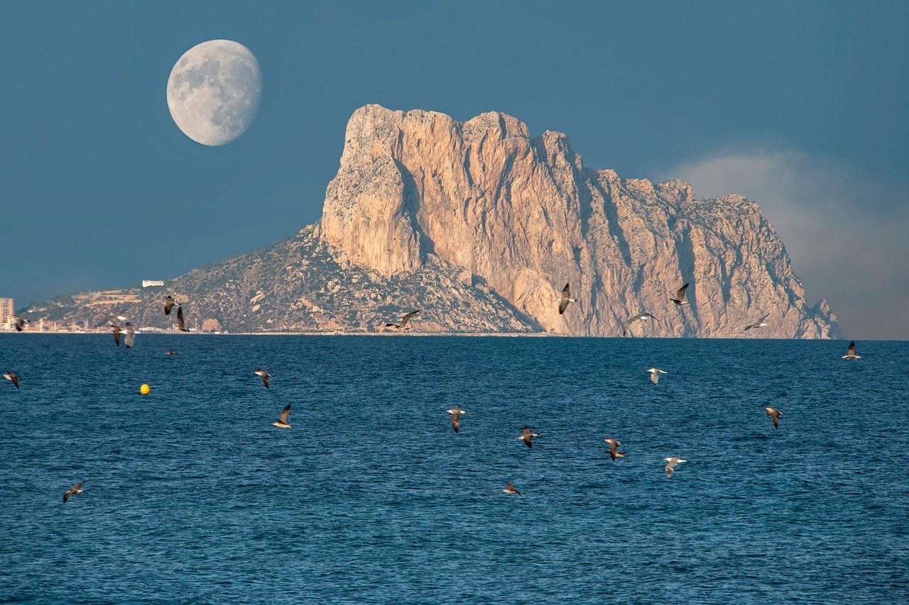 landscape, sea, mountain, sky, moon, sunset, seagull, birds, clouds, calm, natural beauty, silver moon, coastal, nature, spanning view, silence, calm water, horizon, natural calm