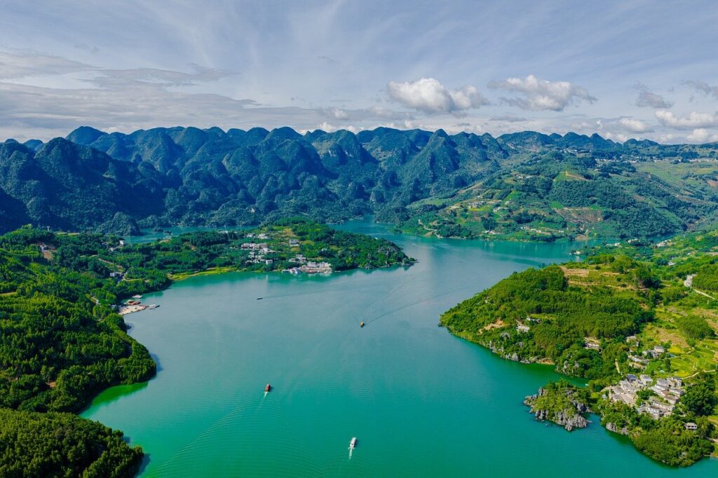 aerial, castle, architecture, lake, bridge, boat, nature, landscape, summer, water