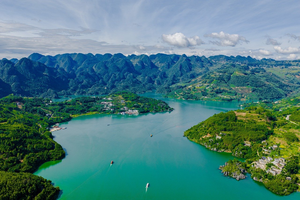 aerial, castle, architecture, lake, bridge, boat, nature, landscape, summer, water