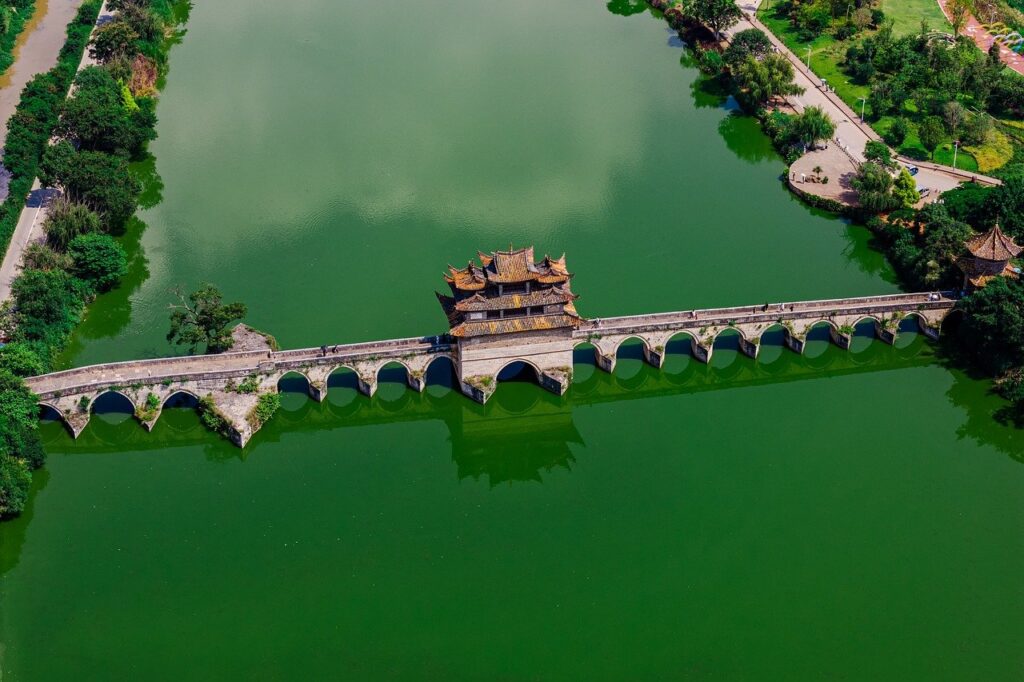 aerial, lake, bridge, boat, nature, landscape, summer, water, field, architecture, swamp, wetland