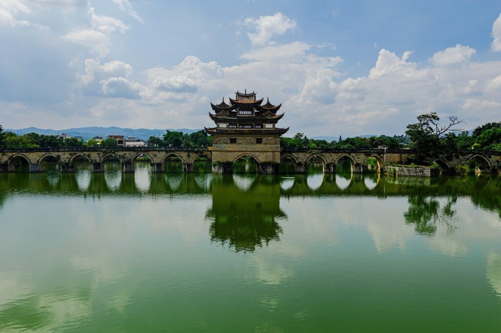 aerial, lake, bridge, boat, nature, landscape, summer, water, field, architecture, swamp, wetland