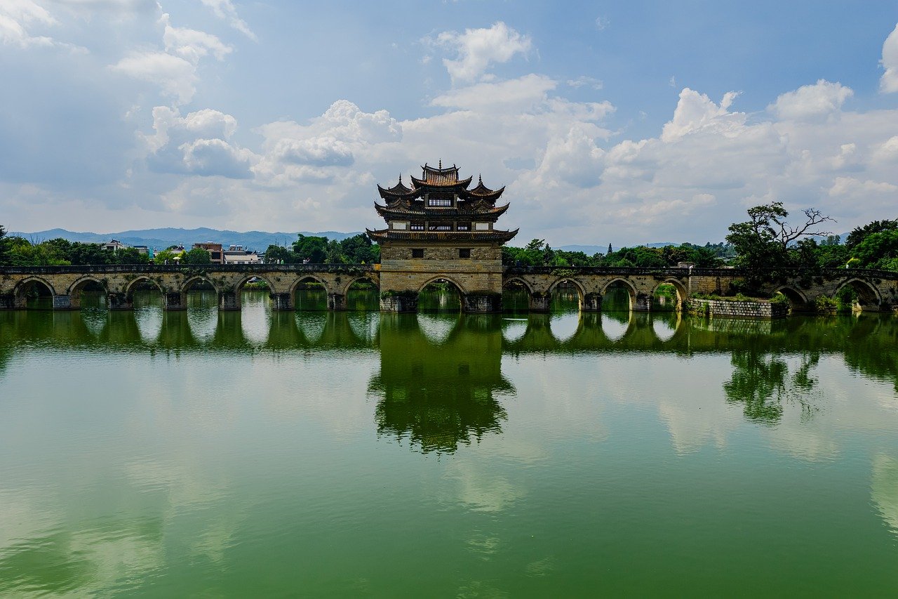 aerial, lake, bridge, boat, nature, landscape, summer, water, field, architecture, swamp, wetland