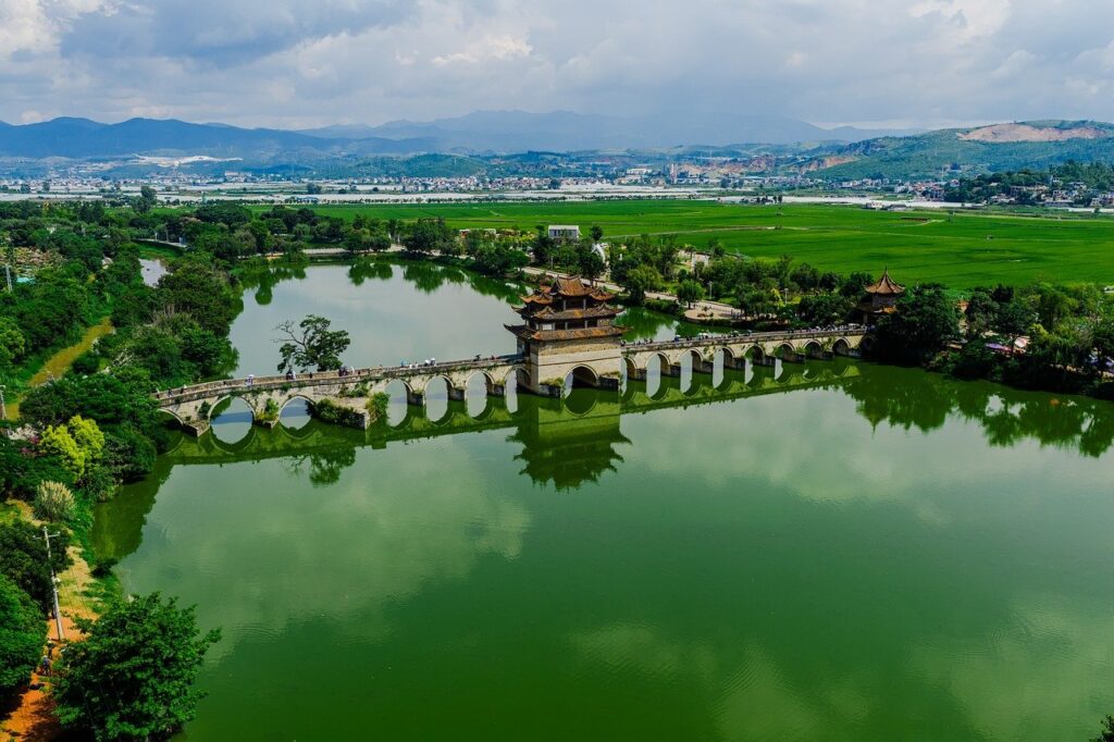 aerial, lake, bridge, boat, nature, landscape, summer, water, field, architecture, swamp, wetland
