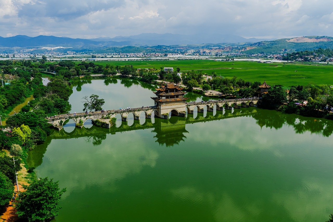 aerial, lake, bridge, boat, nature, landscape, summer, water, field, architecture, swamp, wetland