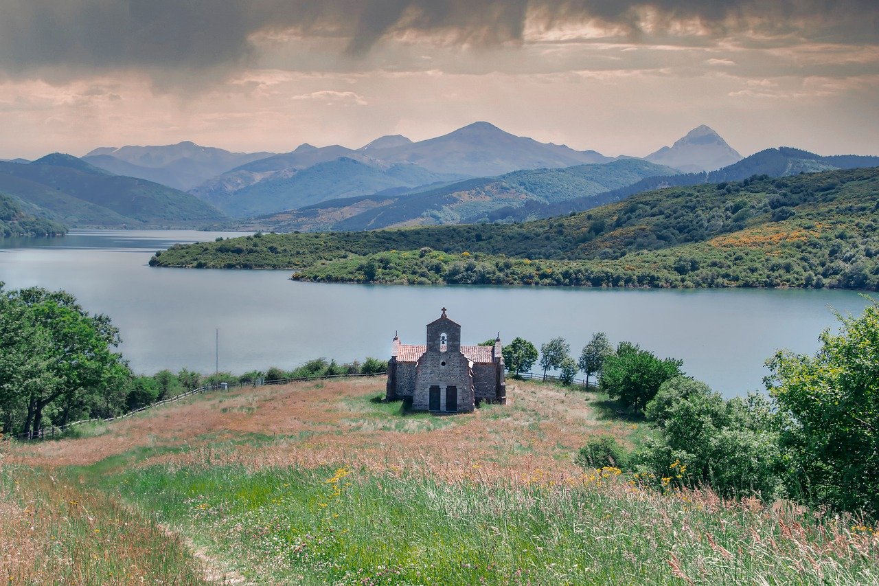 landscape, church, reservoir, mountains, sky, clouds, vegetation, valley, spain, morning, nature, history, architecture, chapel, calm, reflection, peace, prayer, photogenic, summer