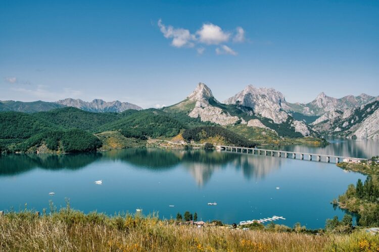 landscape, lake, mountains, bridge, nature, reflection, clouds, blue sky, hiking, recreation, tourism, calm, water, scenic, summer