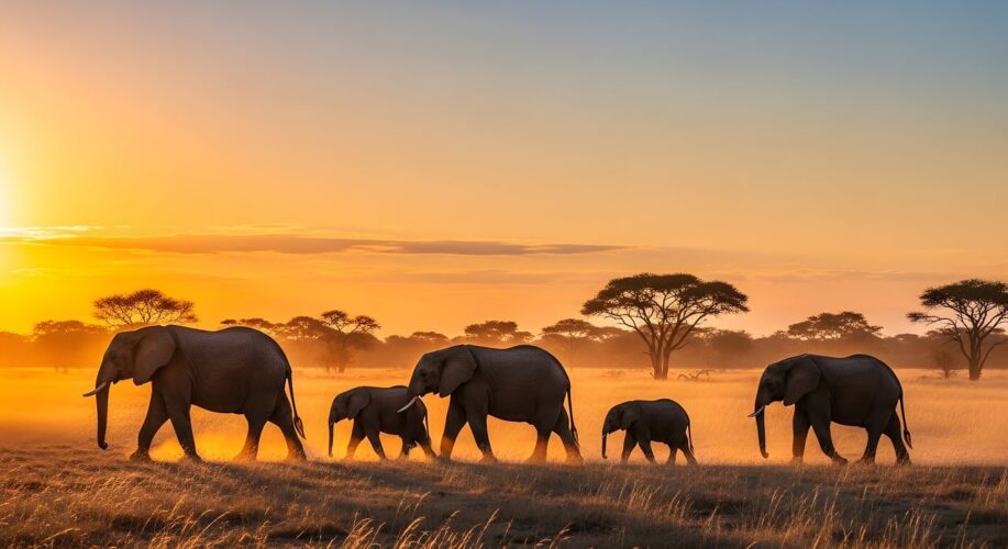 elephant, savanna, africa, sunset, wildlife, animal, nature, herd, family, safari, mammal, trunk, wilderness, landscape, golden, hour, travel, exotic, outdoor, ai generated